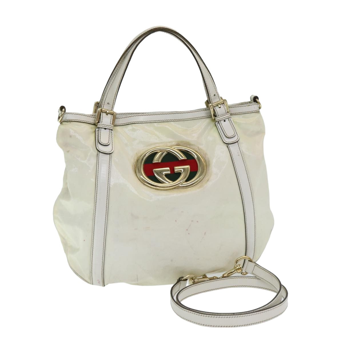 GUCCI Interlocking Web Sherry Bag Coated Canvas 2way White 162886 80900