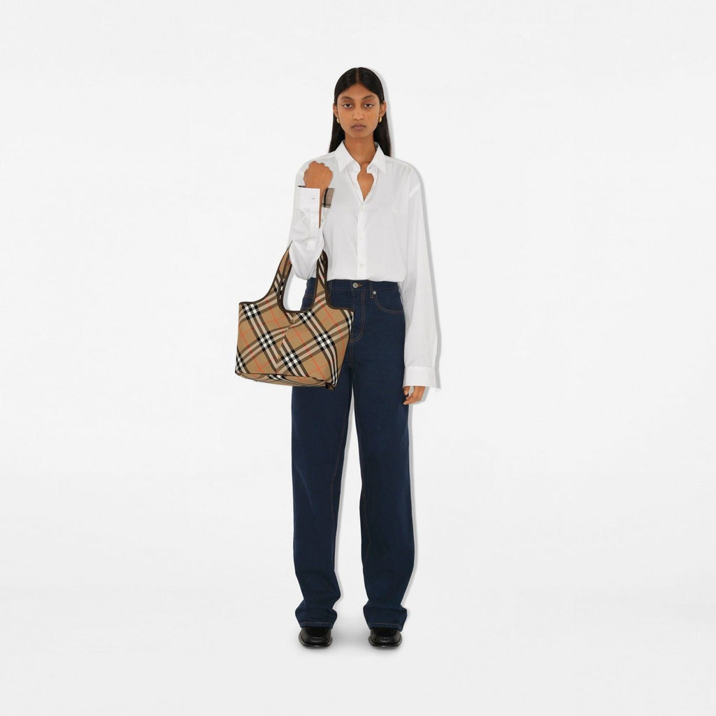 BEIGE CHECK PATTERN SMALL TOTE BAG