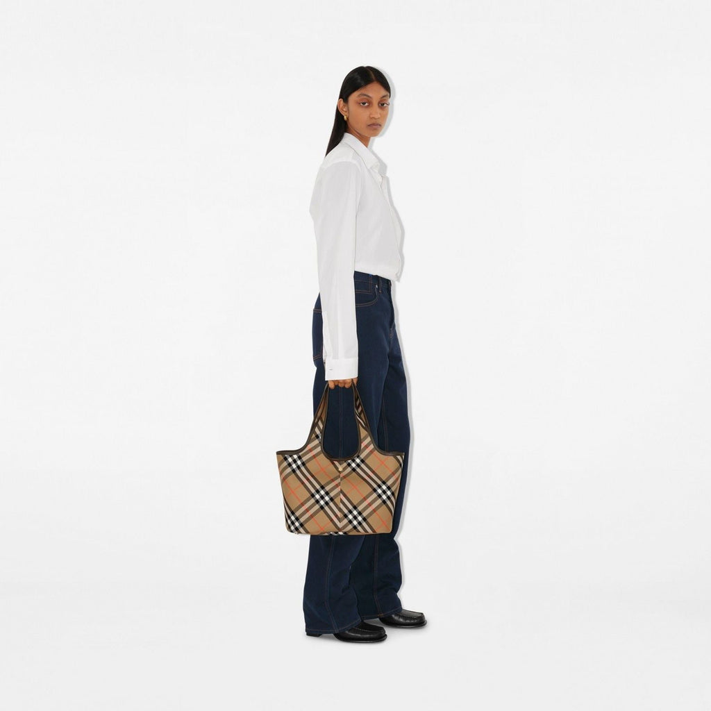 BEIGE CHECK PATTERN SMALL TOTE BAG