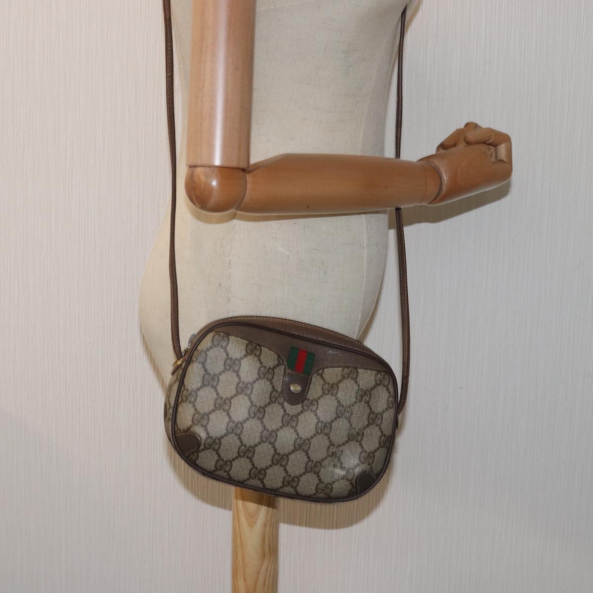 GUCCI GG Supreme Web Sherry Line Shoulder Bag PVC Beige 156 02 066 81008