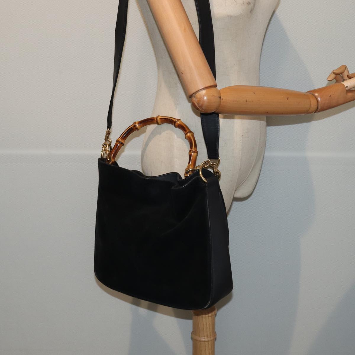 GUCCI Bamboo Hand Bag Suede 2way Black 81045
