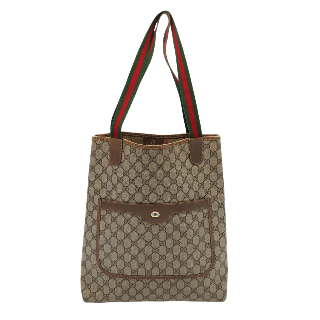GUCCI GG Supreme Web Sherry Line Tote Bag PVC Leather Beige Red Green 81047