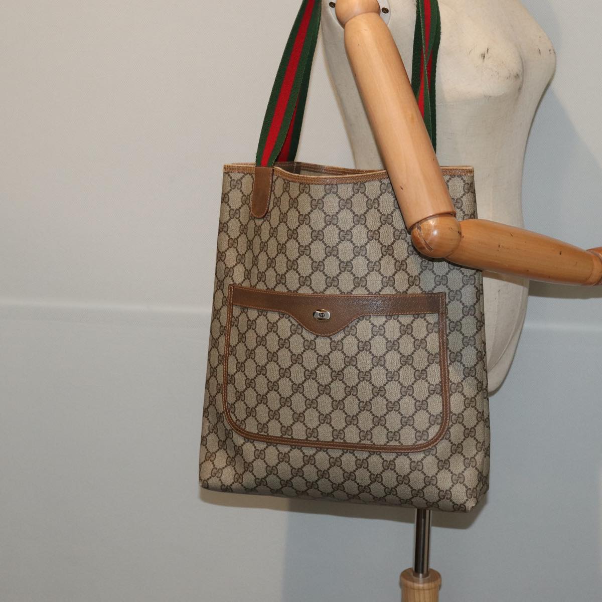 GUCCI GG Supreme Web Sherry Line Tote Bag PVC Leather Beige Red Green 81047