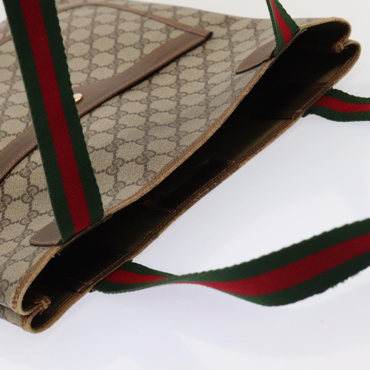 GUCCI GG Supreme Web Sherry Line Tote Bag PVC Leather Beige Red Green 81047