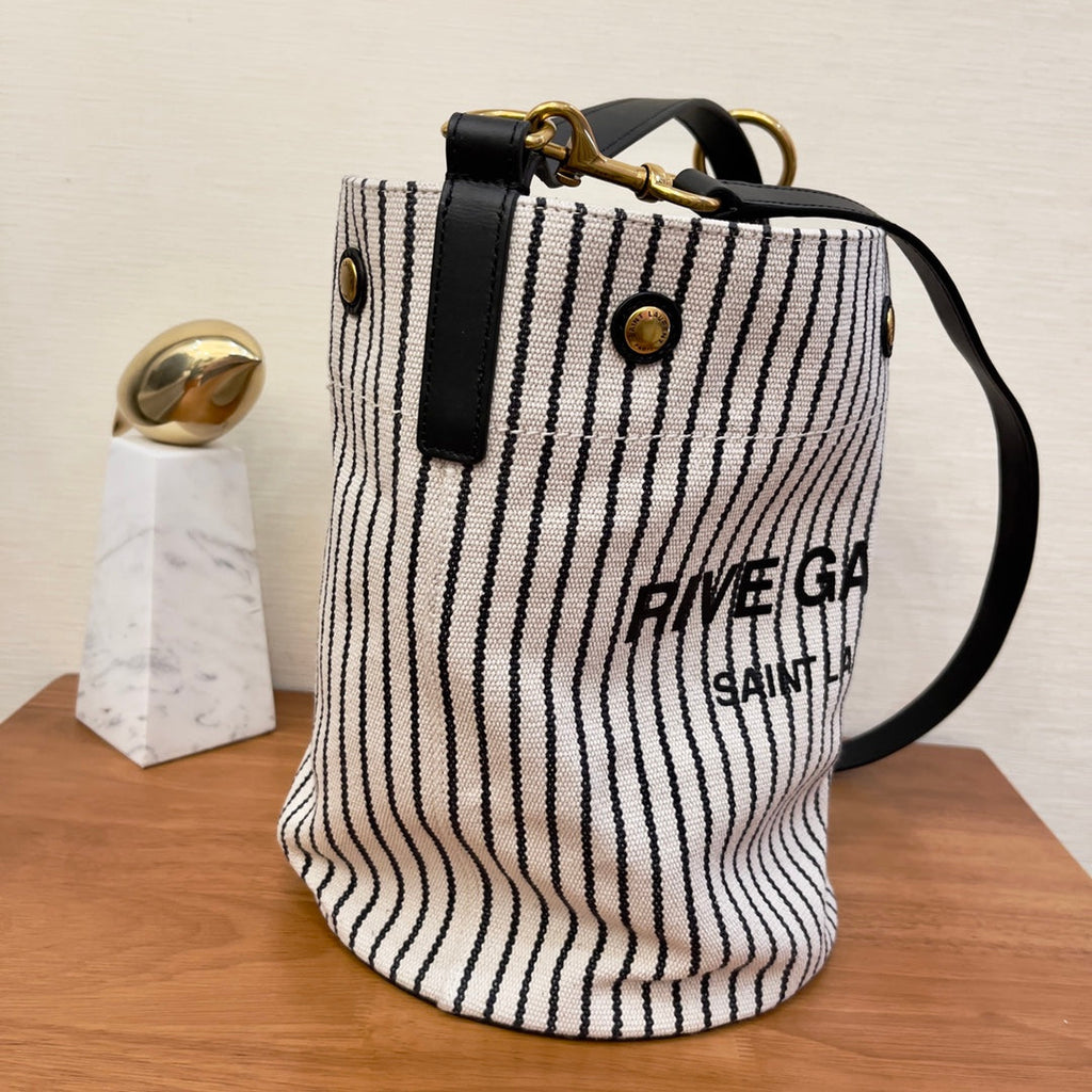 GLAMI Rive Gauche Bucket Bag In Striped Canvas For Women 11.8in/30cm Black And White YSL 669299FAAE59583