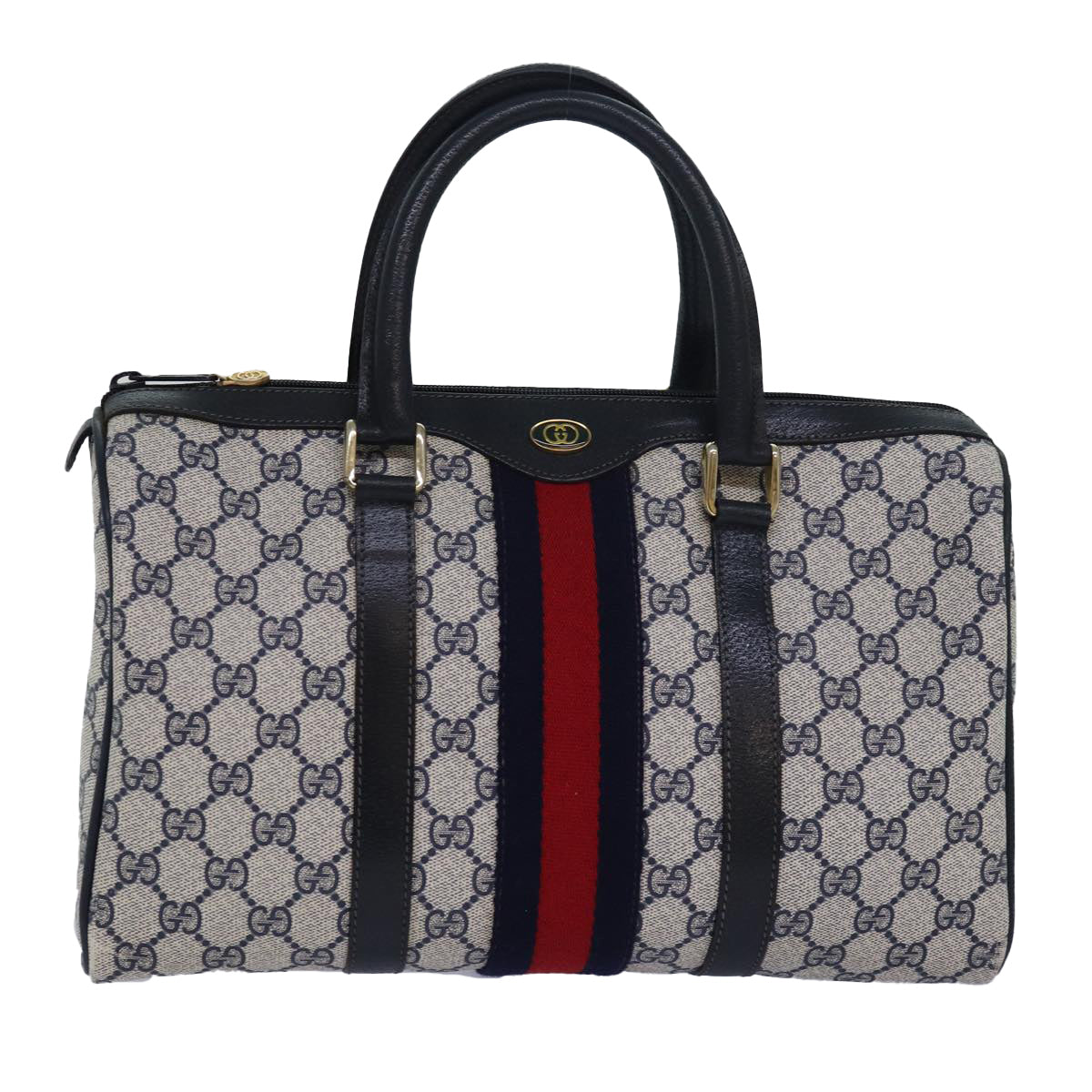 GUCCI GG Supreme Sherry Line Boston Bag PVC Leather Navy Red 81616