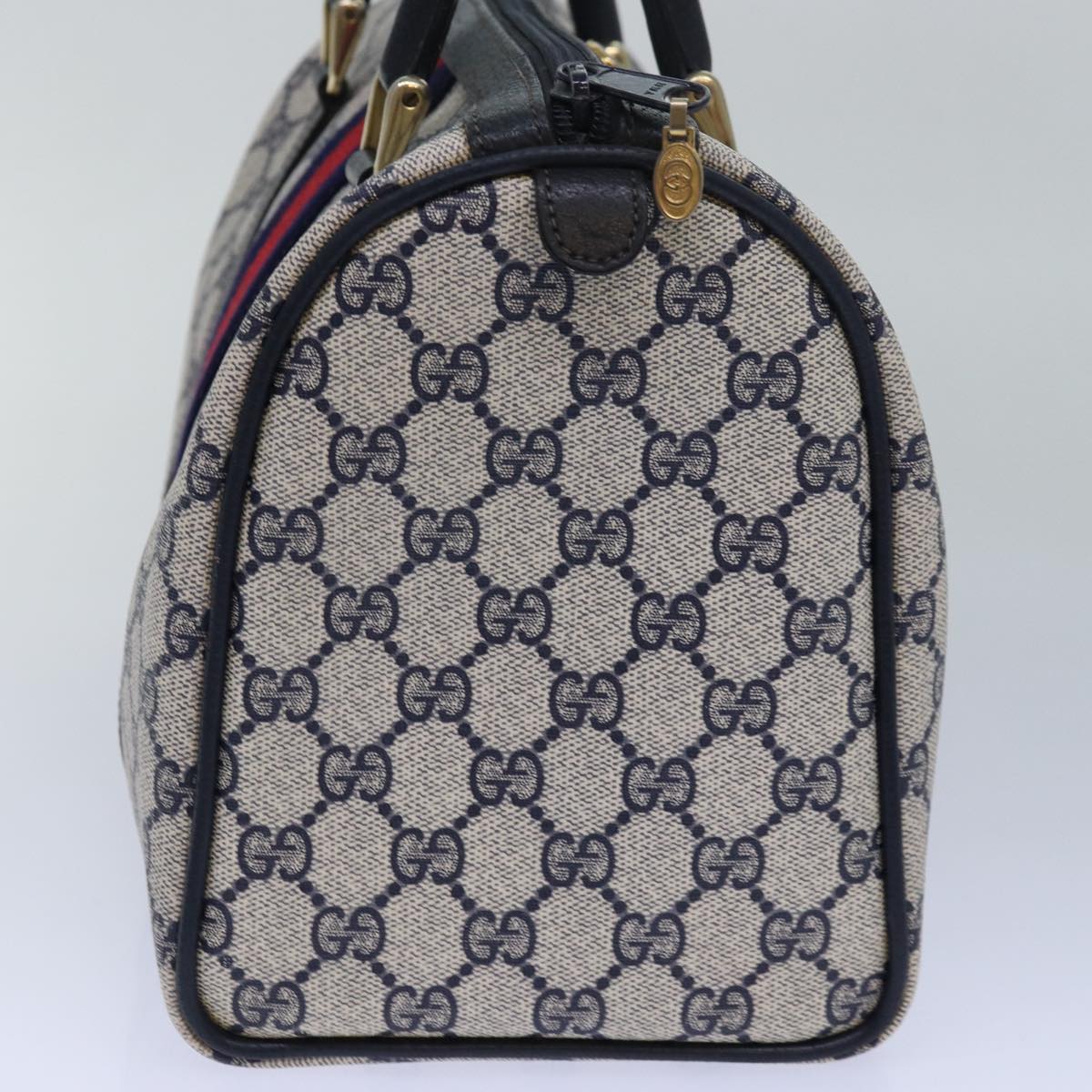 GUCCI GG Supreme Sherry Line Boston Bag PVC Leather Navy Red 81616