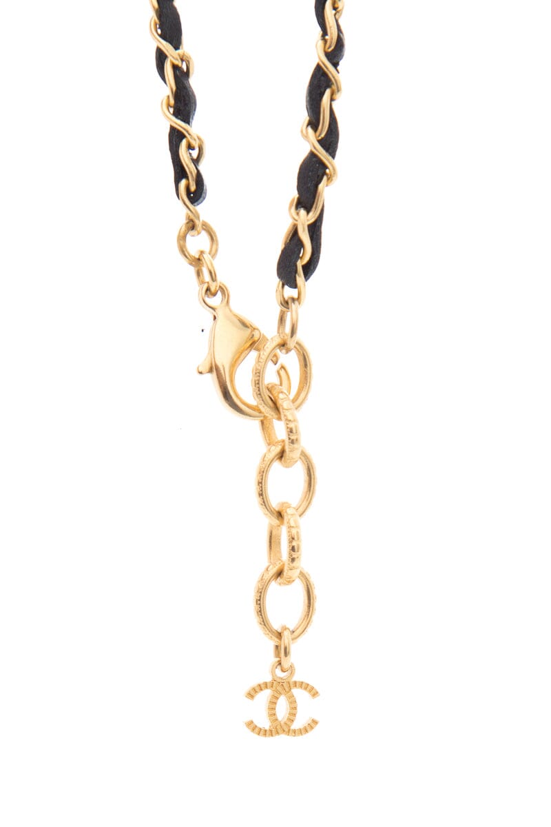 Chanel Gold Perfume Bottle Leather Chain Necklace