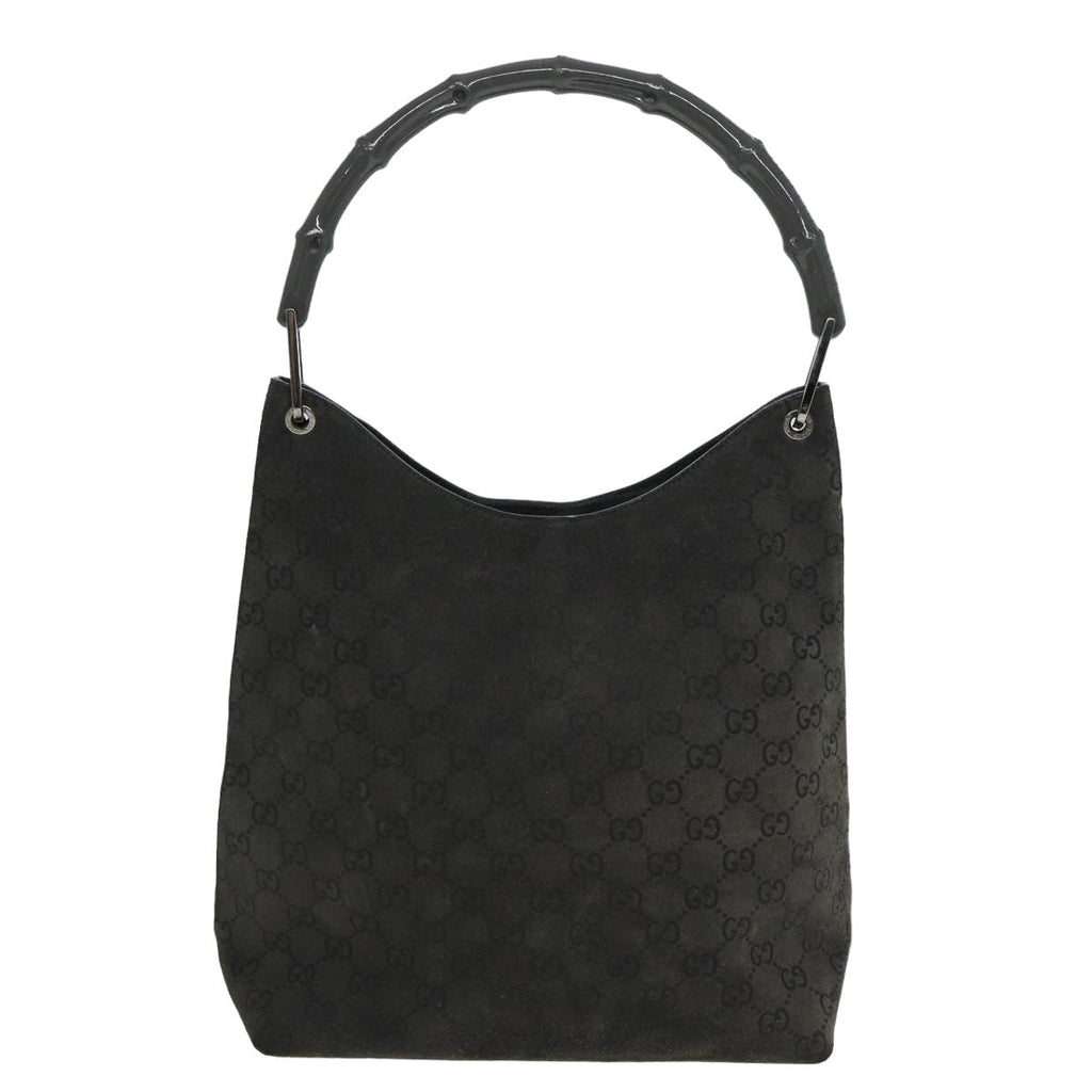 GUCCI Bamboo GG Canvas Shoulder Bag Suede Gray 81910