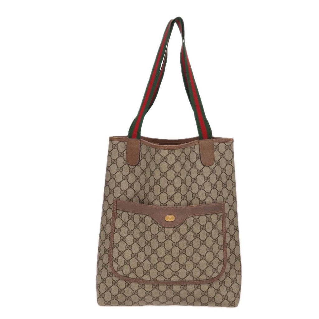 GUCCI GG Canvas Web Sherry Line Tote Bag PVC Leather Beige Green Red 81946