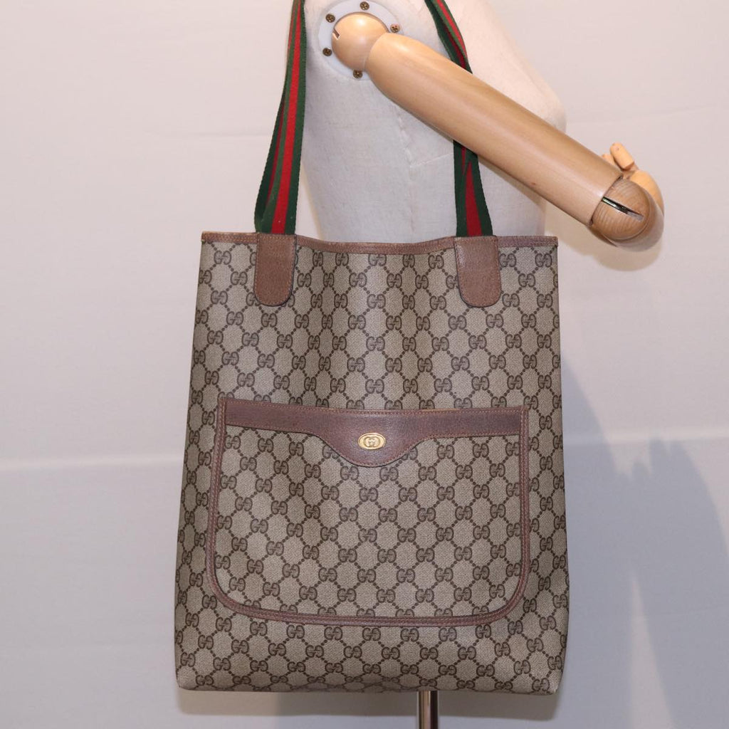 GUCCI GG Canvas Web Sherry Line Tote Bag PVC Leather Beige Green Red 81946