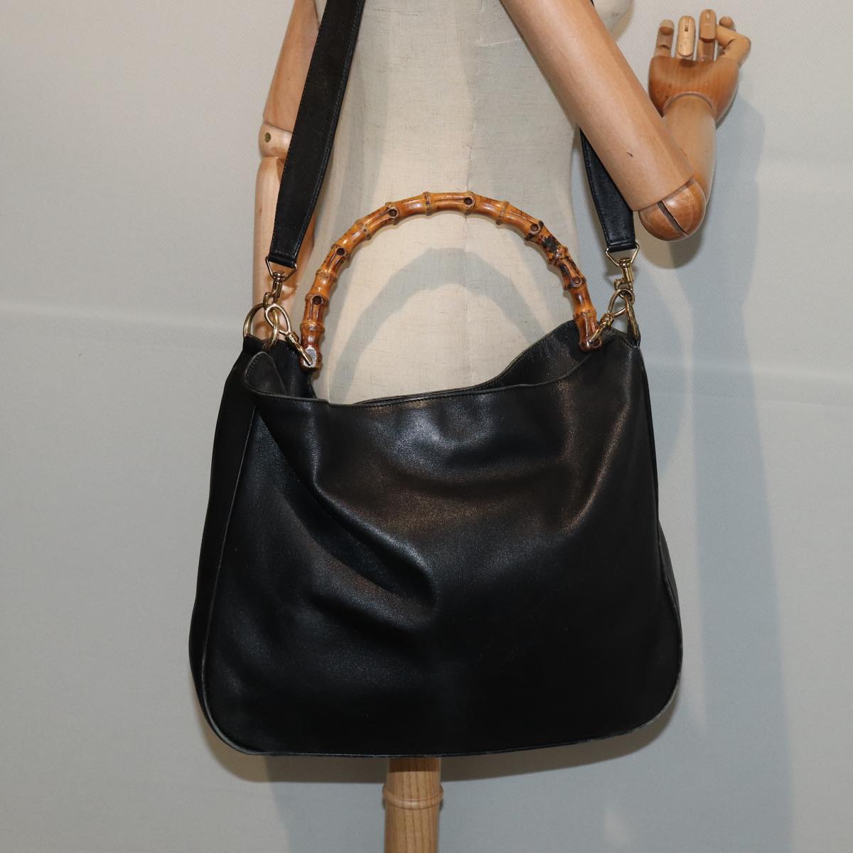 GUCCI Bamboo Hand Bag Leather 2way Black 001 1014 1577 81973