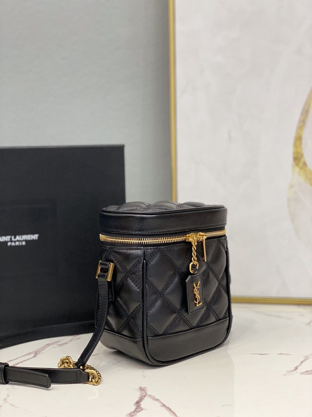 YSSL 80’s Vanity Bag In Carré-Quilted Grain De Poudre Black For Women 6.4in/16.5cm YSL 649779DME271000