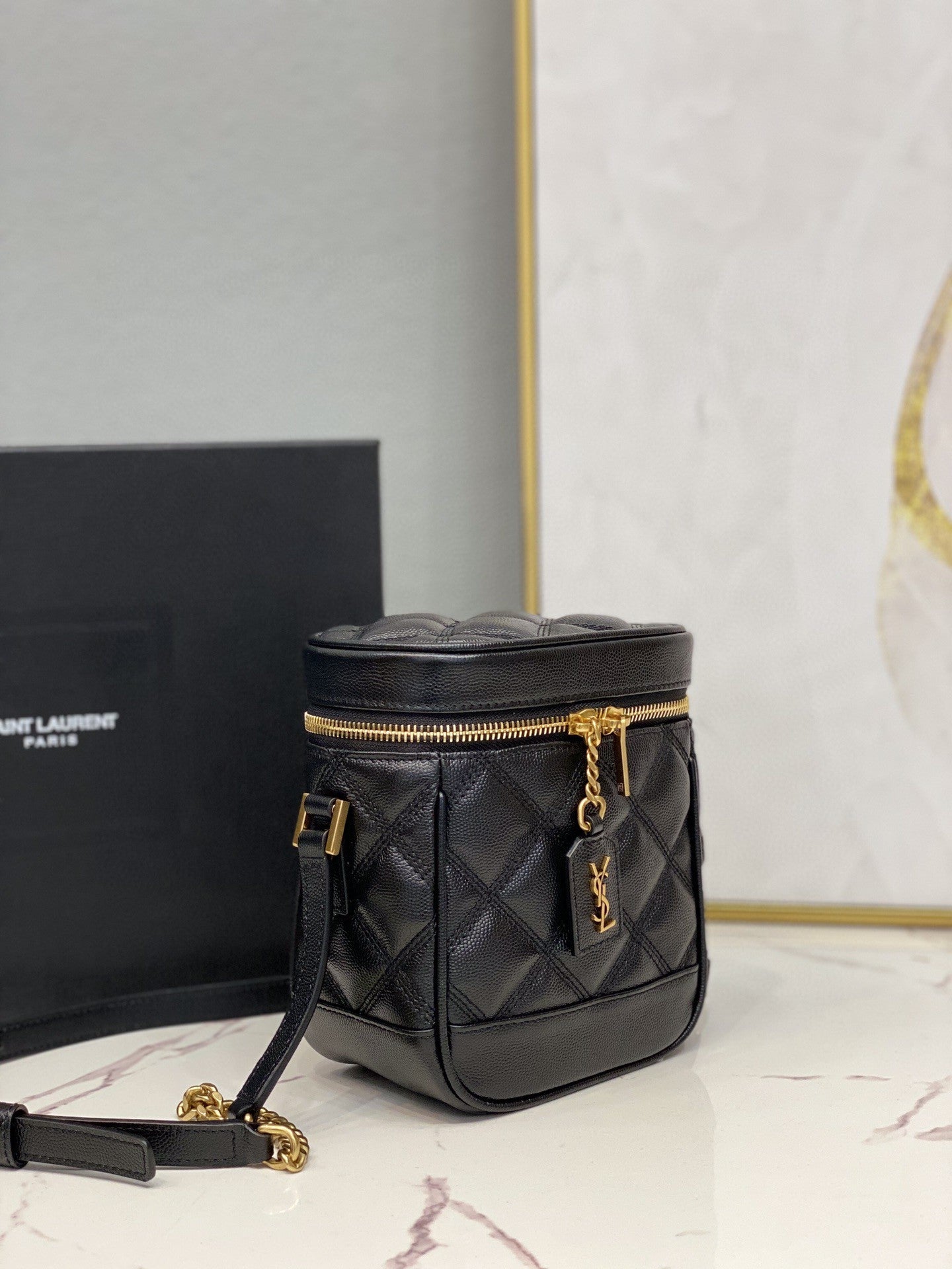 YSSL 80’s Vanity Bag In Carré-Quilted Grain De Poudre Black For Women 6.4in/16.5cm YSL 649779DME271000