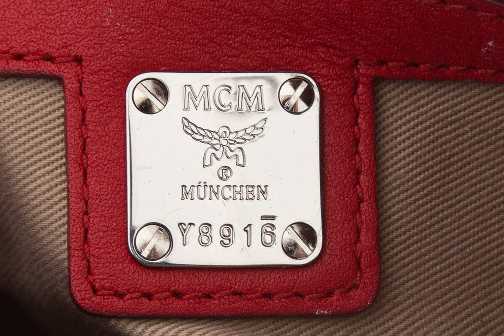 MCM Red Monogram Leather Boston Handbag