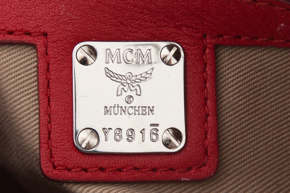 MCM Red Monogram Leather Boston Handbag