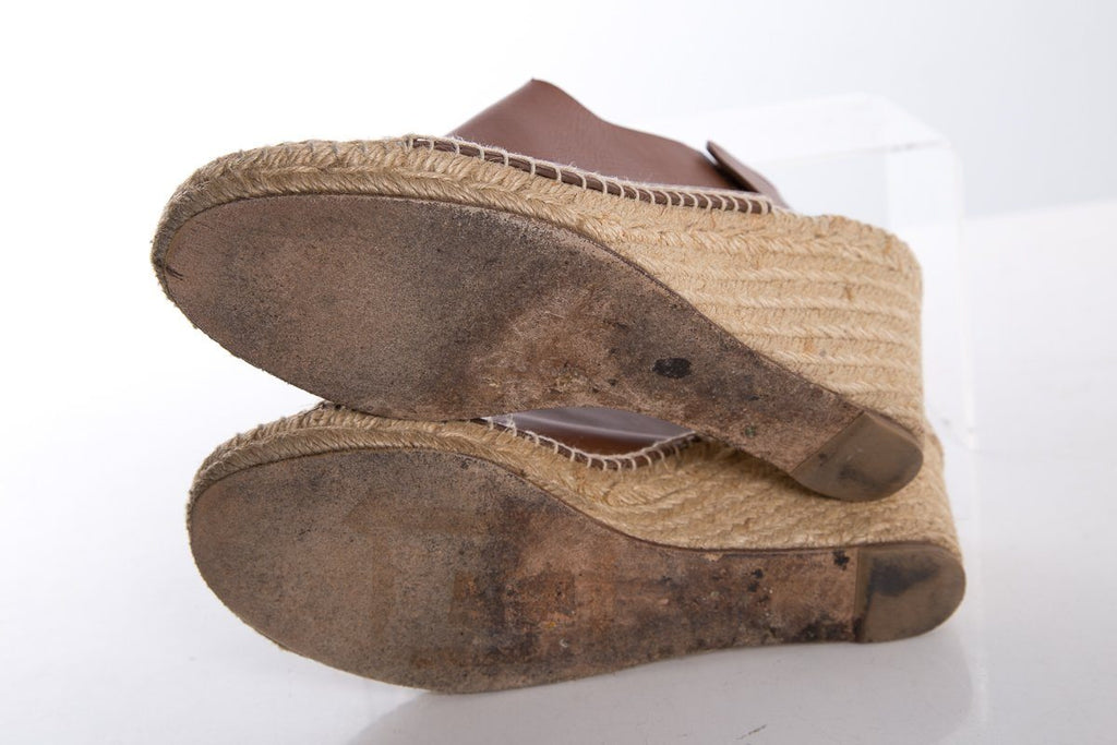 CÃƒÆ’Ã‚Â©line Brown Leather Espadrilles Wedges SZ 38