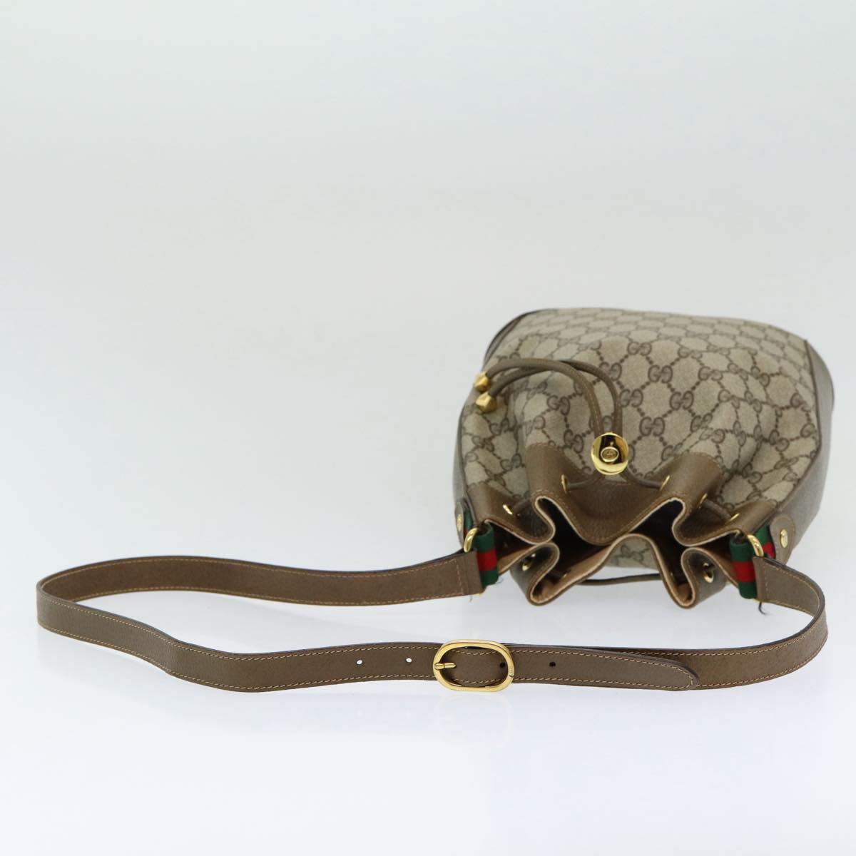 GUCCI GG Canvas Web Sherry Line Shoulder Bag PVC Leather Beige Green 82024