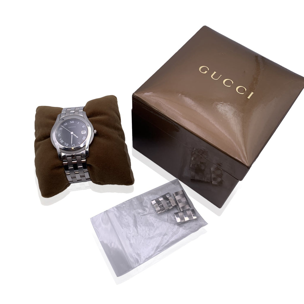 GUCCI Silver Stainless Steel Mod 5500 M Quartz Wrist Watch Black