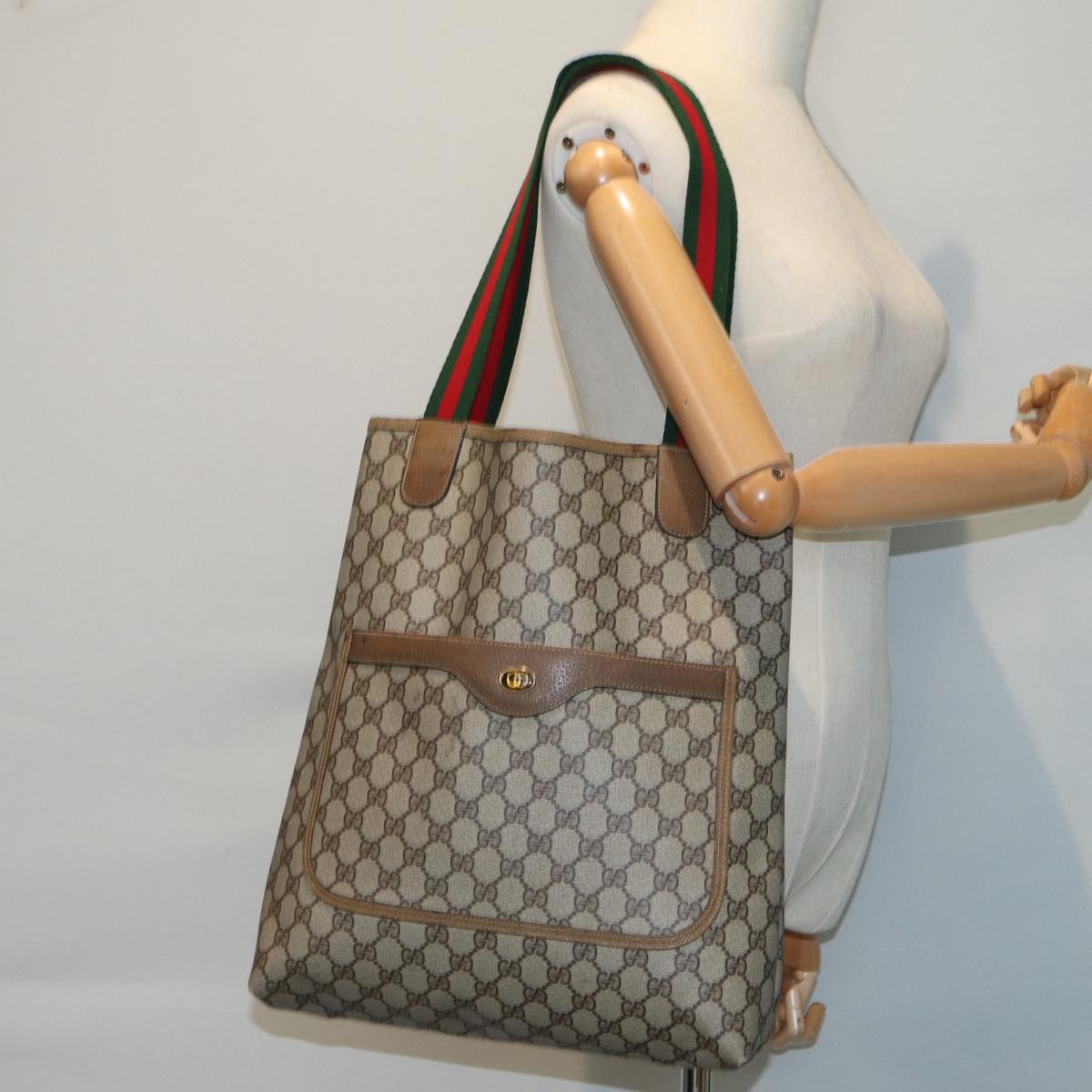 GUCCI GG Supreme Web Sherry Line Tote Bag PVC Leather Beige 39 02 003 82101