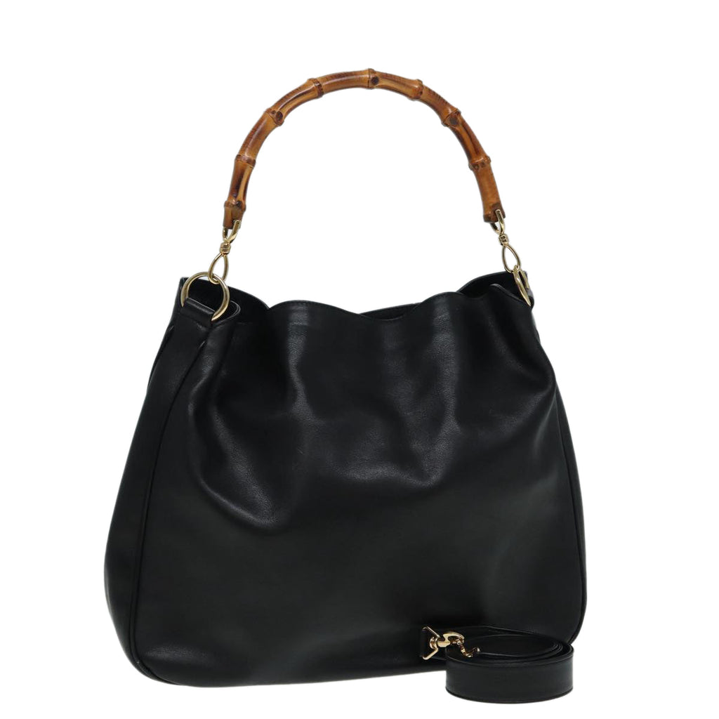 GUCCI Bamboo Hand Bag Leather 2way Black Gold 82114