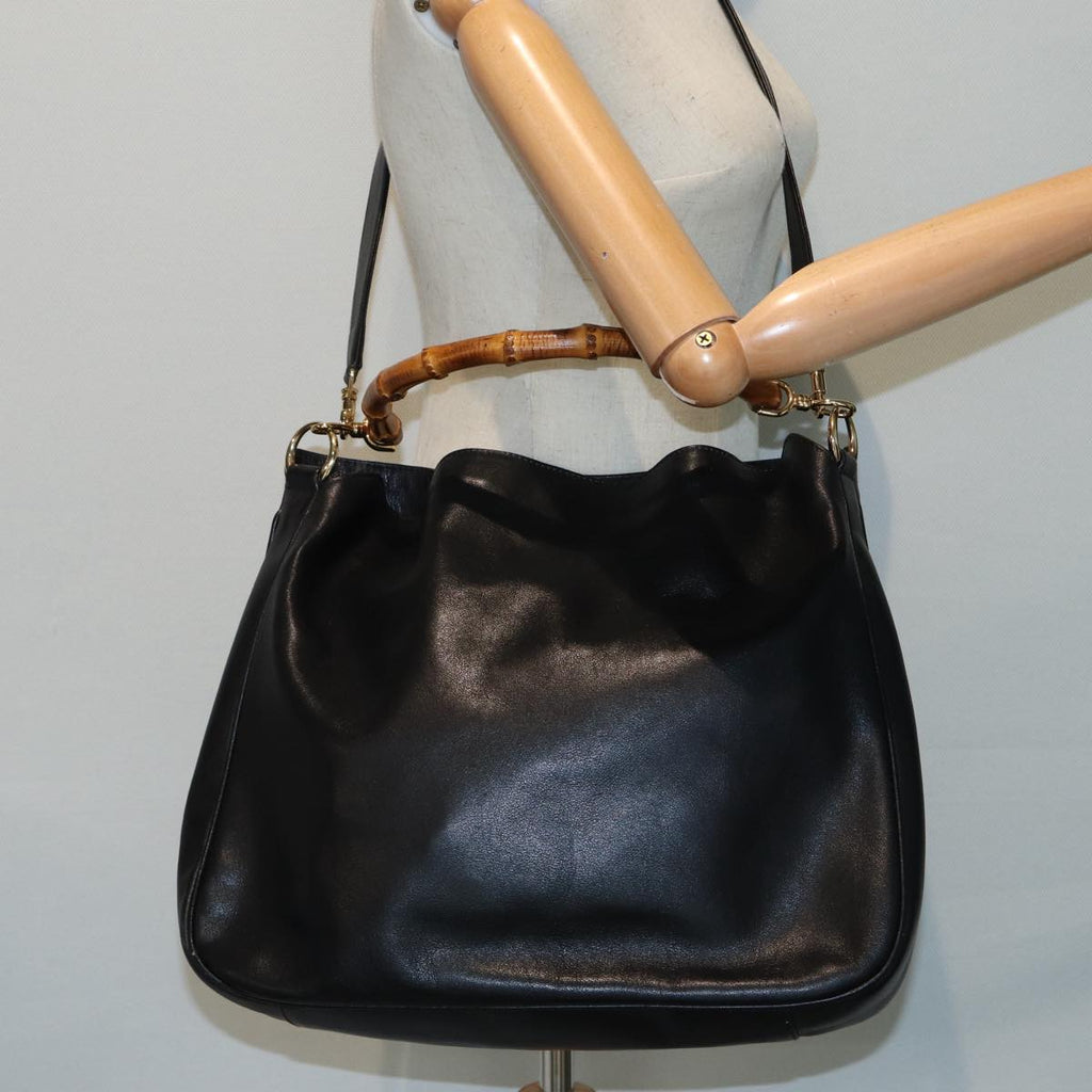 GUCCI Bamboo Hand Bag Leather 2way Black Gold 82114