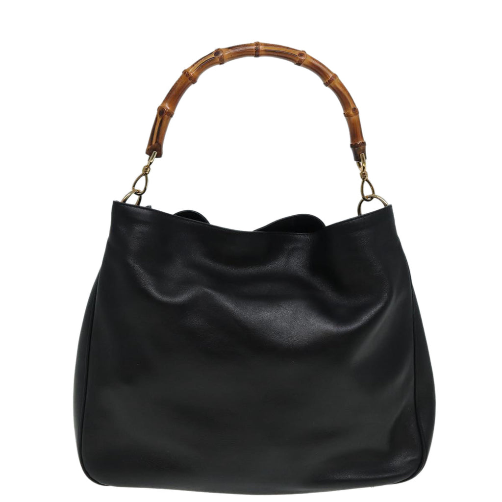 GUCCI Bamboo Hand Bag Leather 2way Black Gold 82114