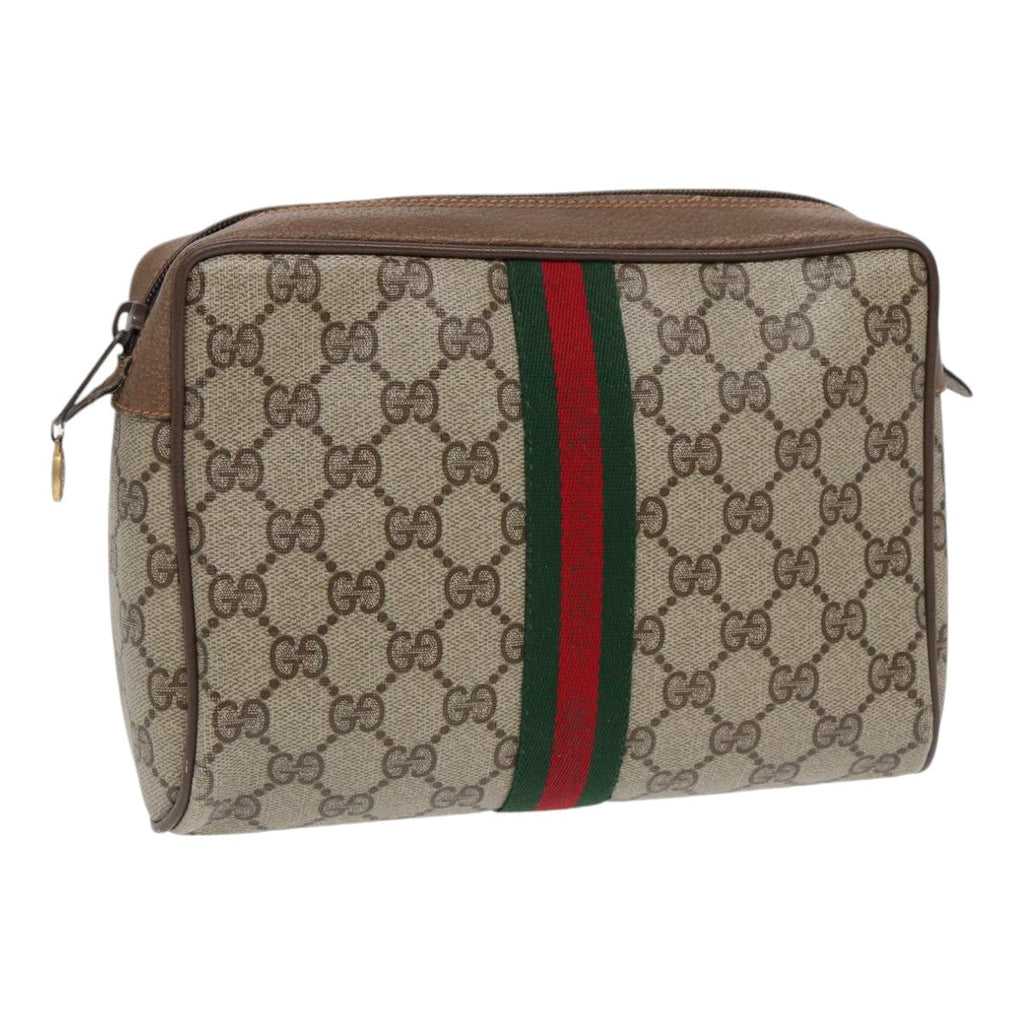 GUCCI GG Supreme Web Sherry Line Clutch Bag PVC Beige Gold Red 82117