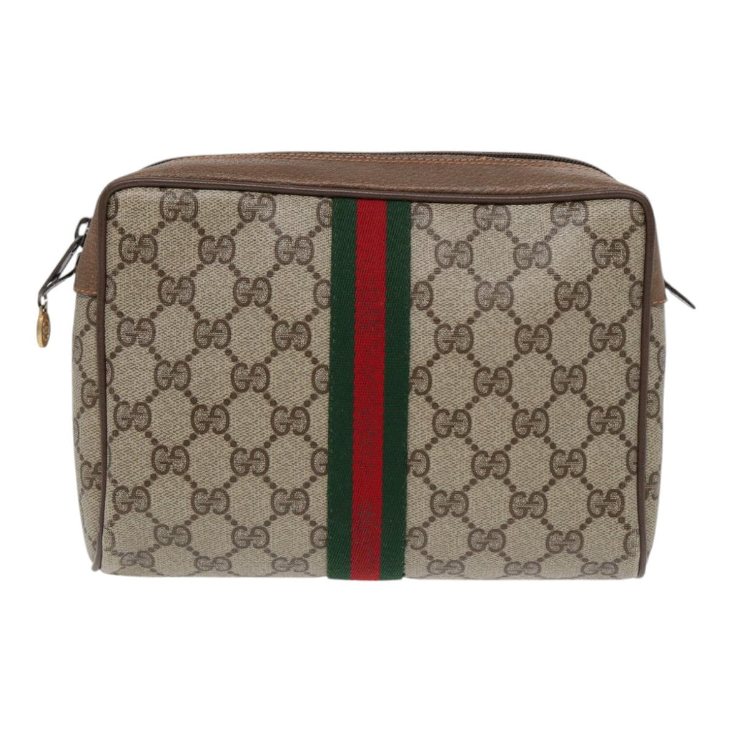 GUCCI GG Supreme Web Sherry Line Clutch Bag PVC Beige Gold Red 82117