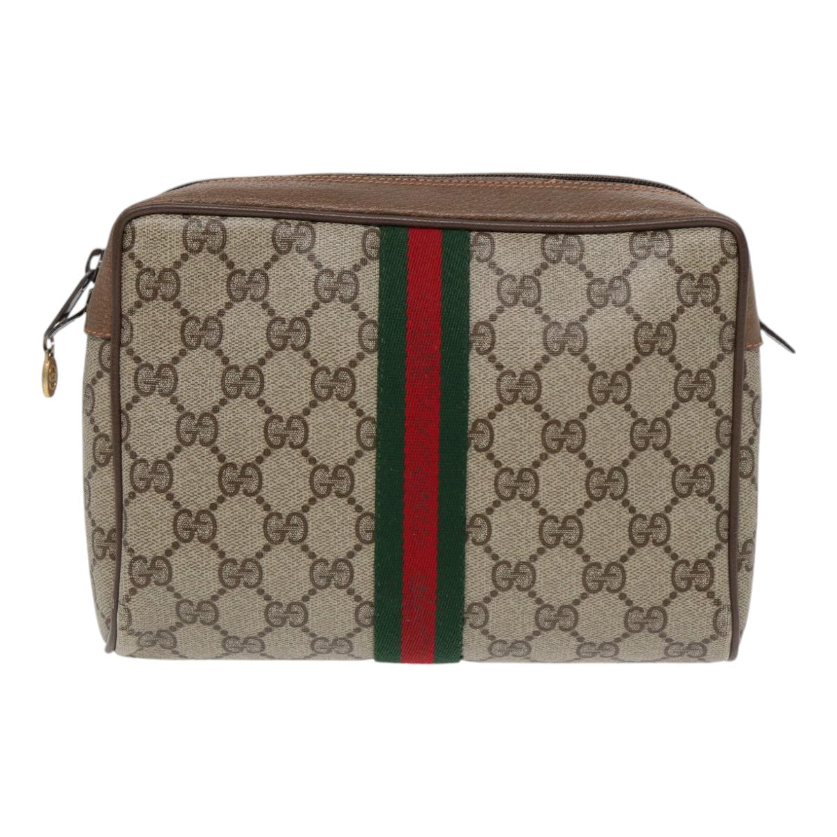 GUCCI GG Supreme Web Sherry Line Clutch Bag PVC Beige Gold Red 82117