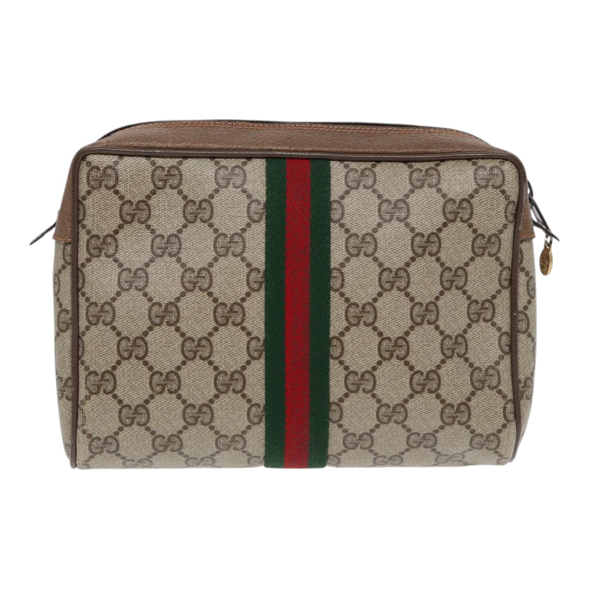 GUCCI GG Supreme Web Sherry Line Clutch Bag PVC Beige Gold Red 82117