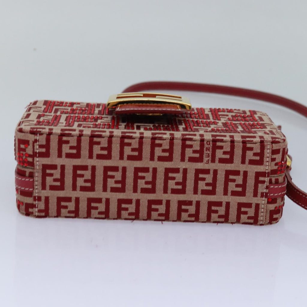 FENDI Mamma Baguette Shoulder Bag Beads Zucchino Canvas Red 82244