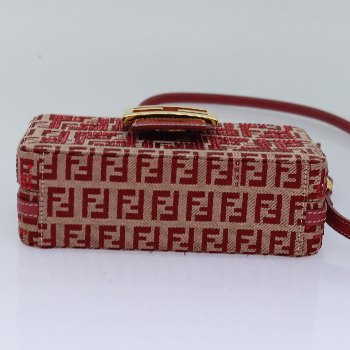 FENDI Mamma Baguette Shoulder Bag Beads Zucchino Canvas Red 82244