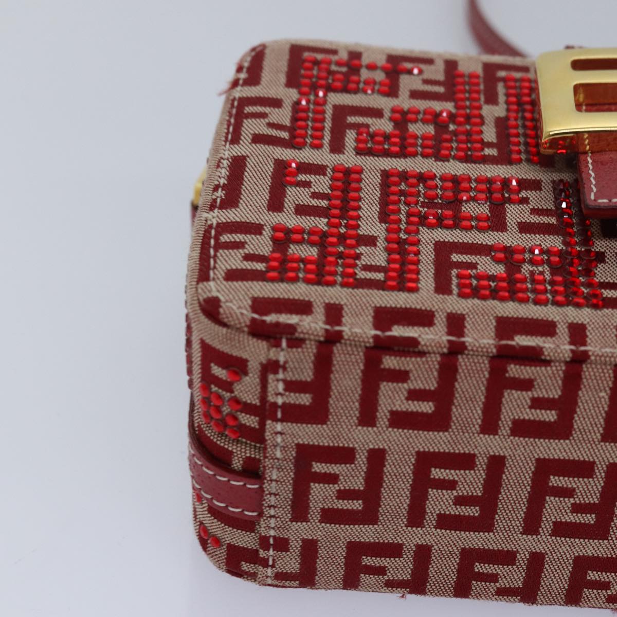FENDI Mamma Baguette Shoulder Bag Beads Zucchino Canvas Red 82244