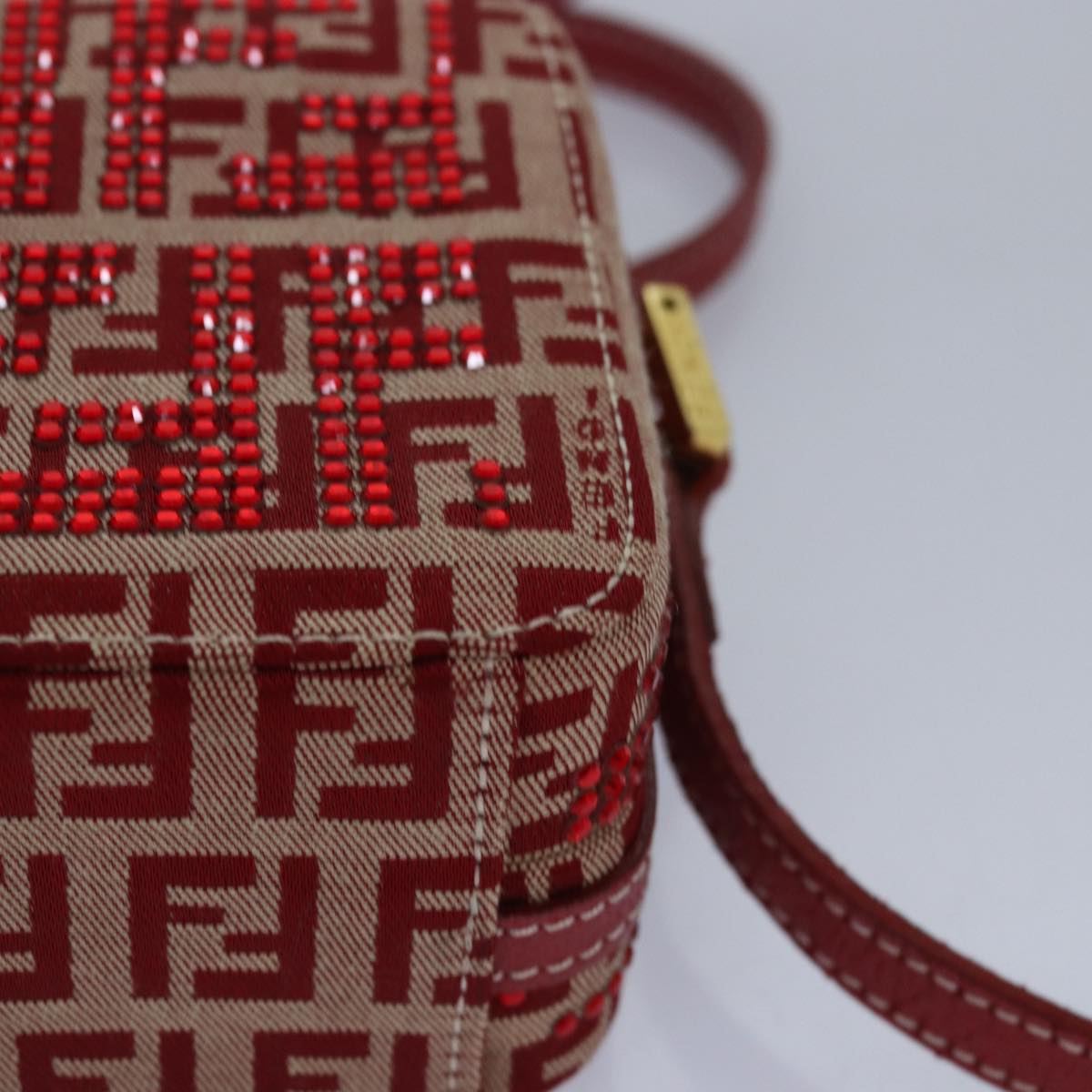 FENDI Mamma Baguette Shoulder Bag Beads Zucchino Canvas Red 82244