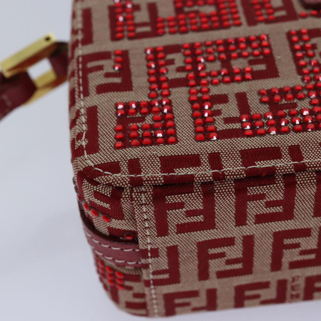FENDI Mamma Baguette Shoulder Bag Beads Zucchino Canvas Red 82244