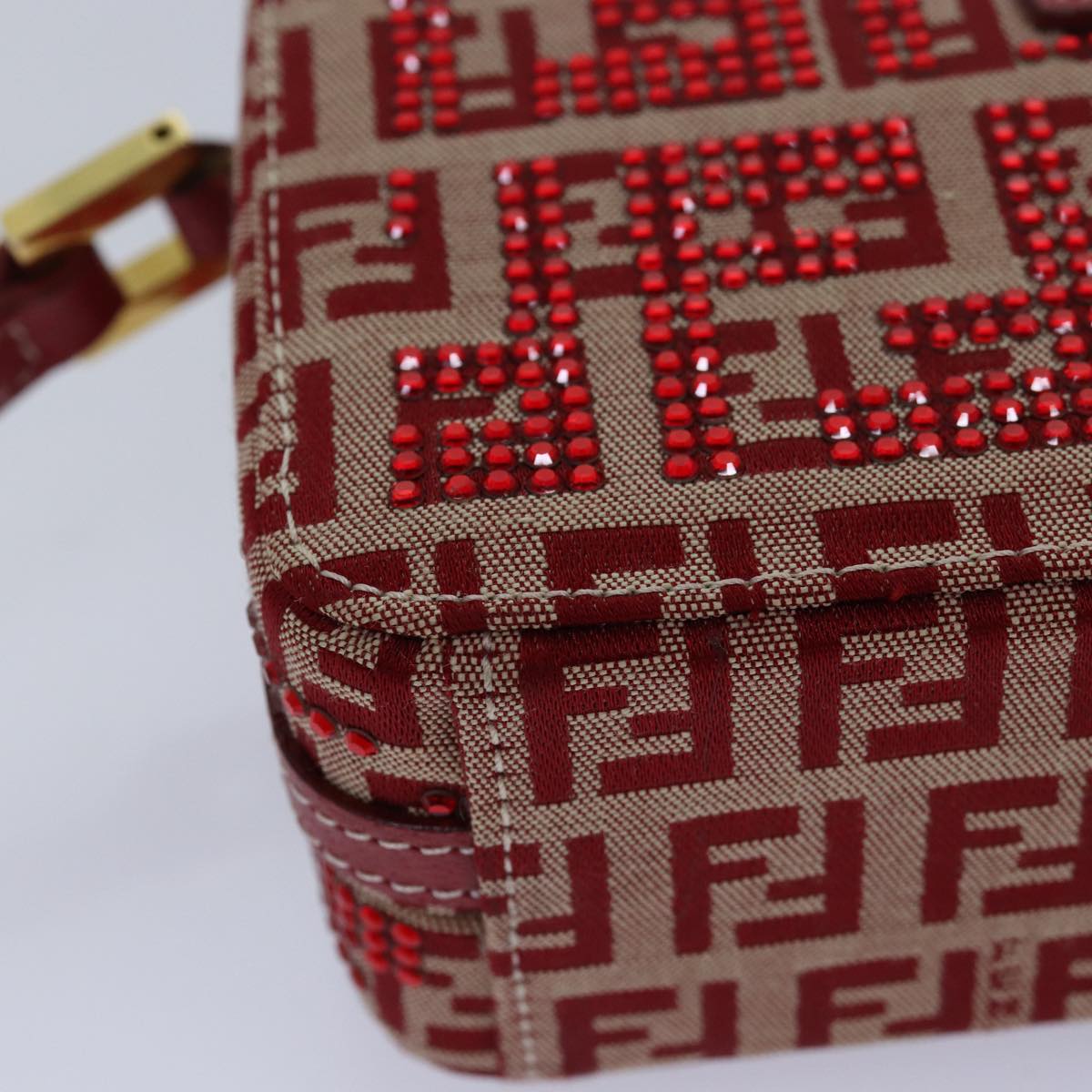 FENDI Mamma Baguette Shoulder Bag Beads Zucchino Canvas Red 82244