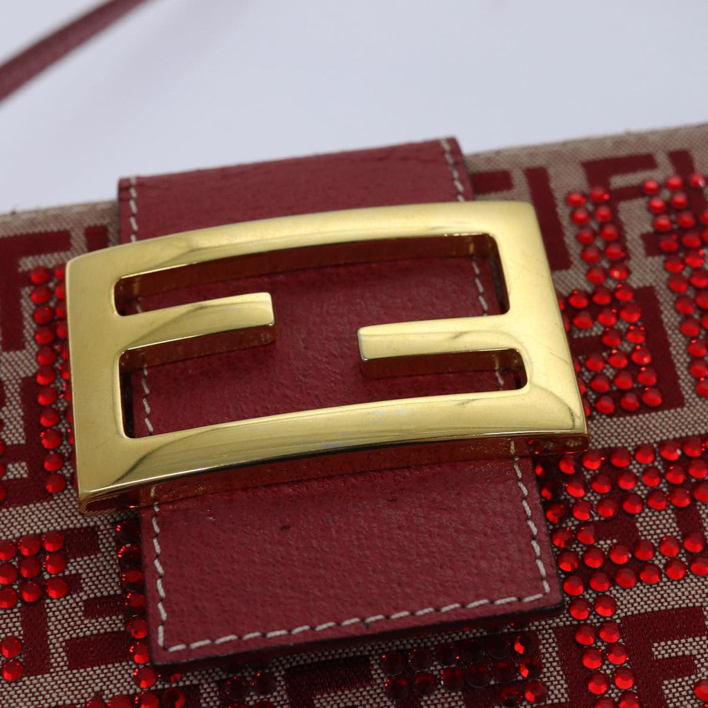FENDI Mamma Baguette Shoulder Bag Beads Zucchino Canvas Red 82244