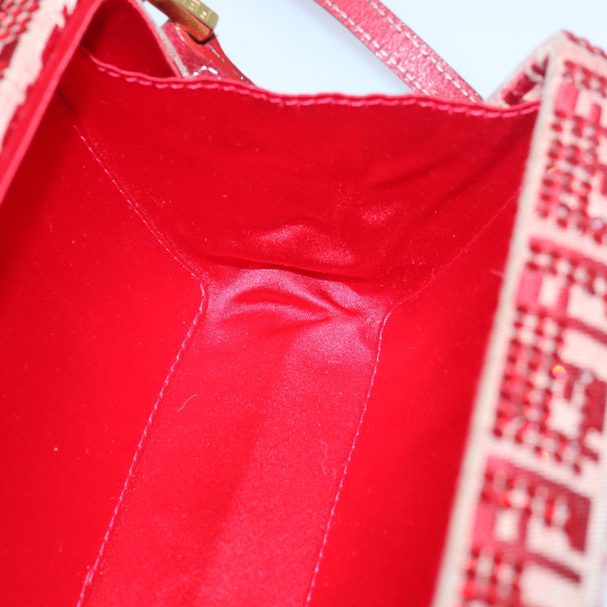 FENDI Mamma Baguette Shoulder Bag Beads Zucchino Canvas Red 82244