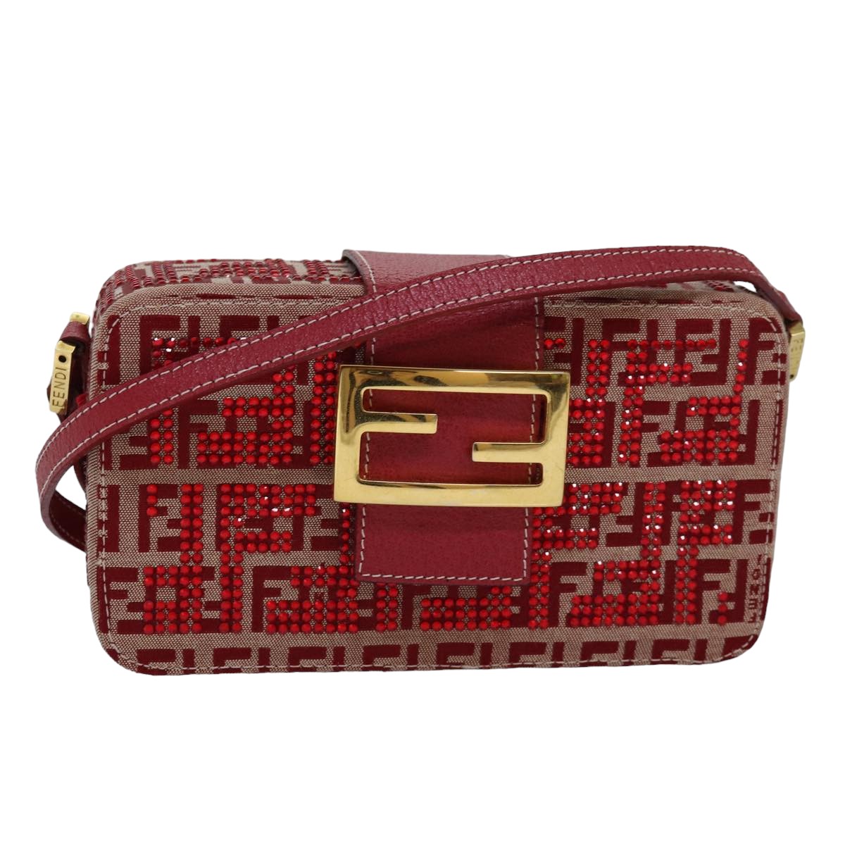 FENDI Mamma Baguette Shoulder Bag Beads Zucchino Canvas Red 82244
