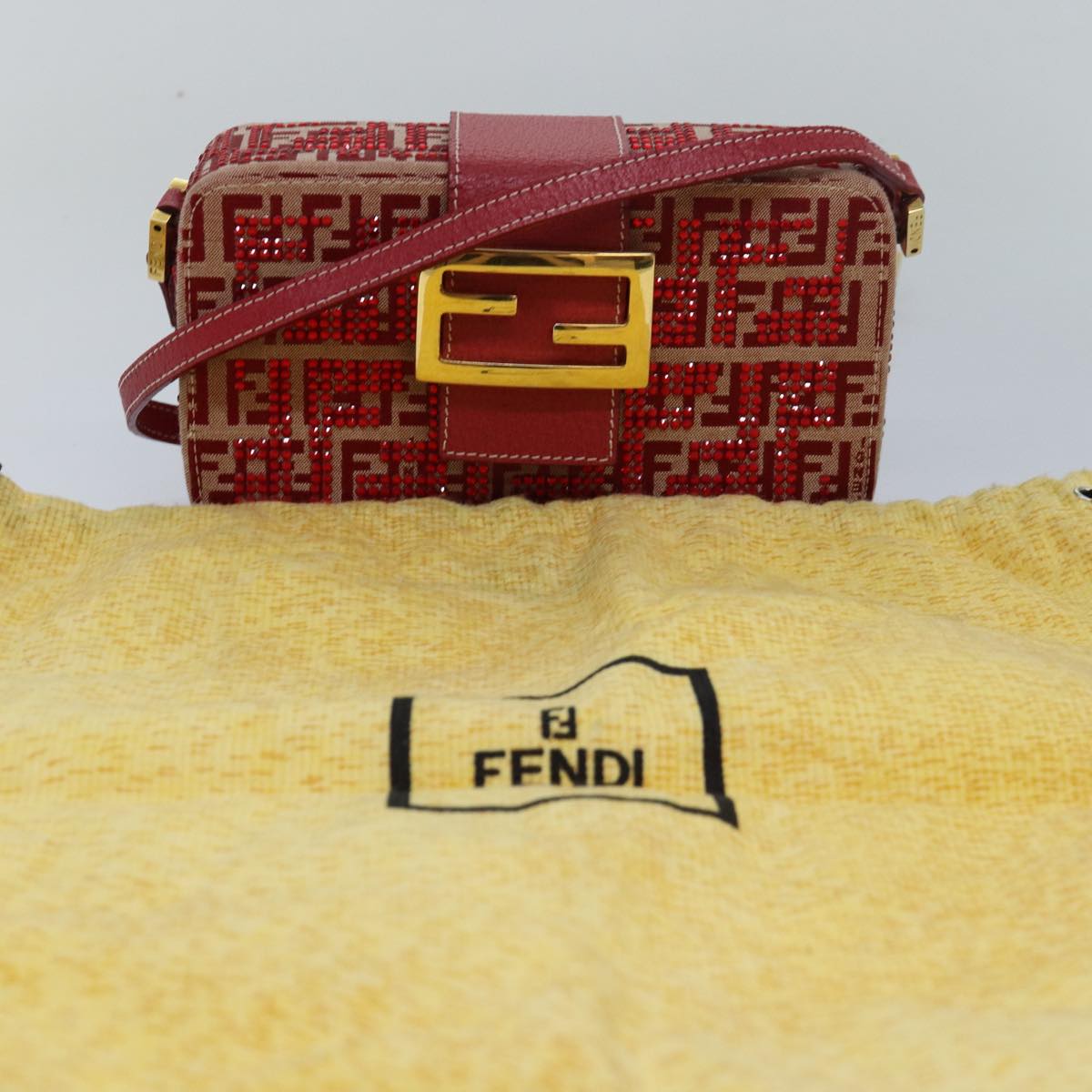 FENDI Mamma Baguette Shoulder Bag Beads Zucchino Canvas Red 82244