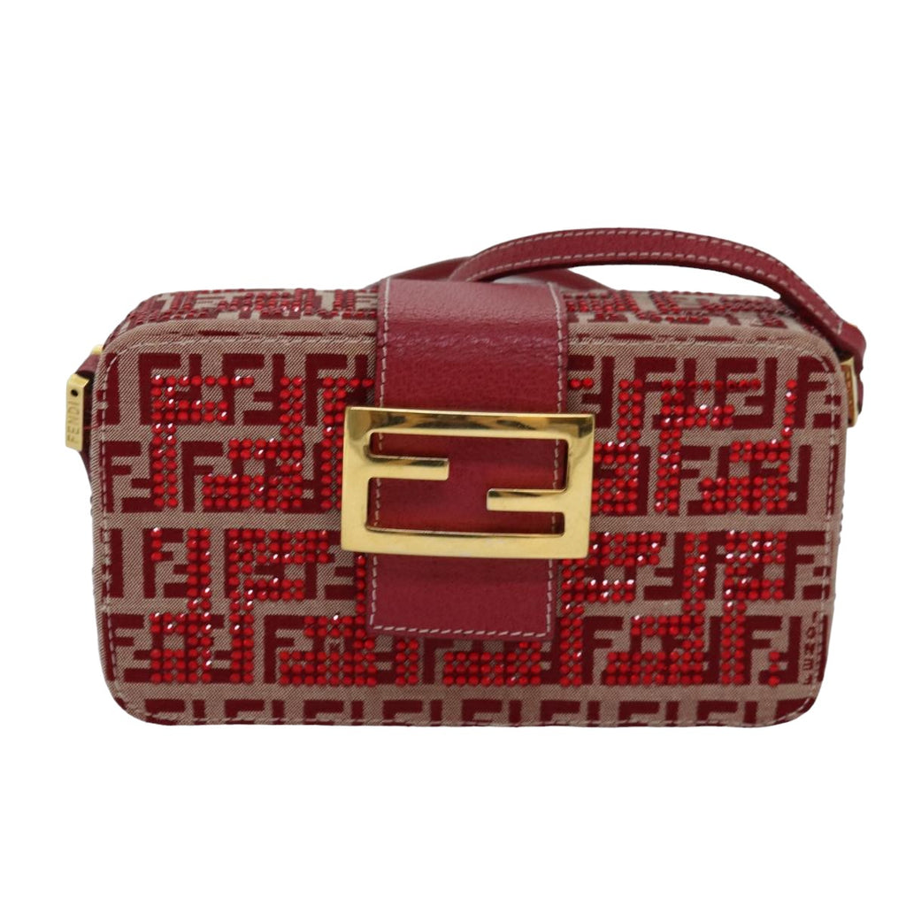 FENDI Mamma Baguette Shoulder Bag Beads Zucchino Canvas Red 82244