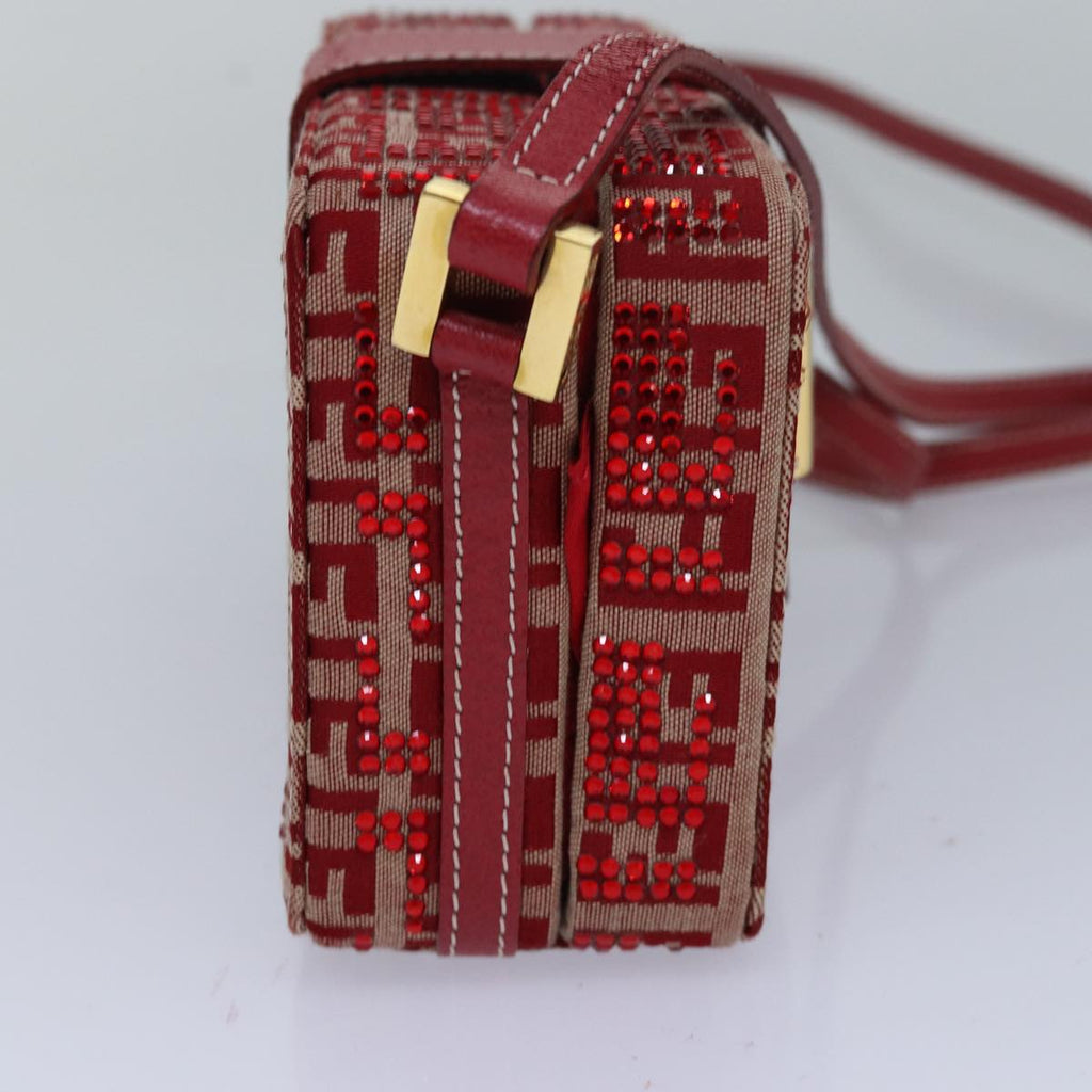 FENDI Mamma Baguette Shoulder Bag Beads Zucchino Canvas Red 82244