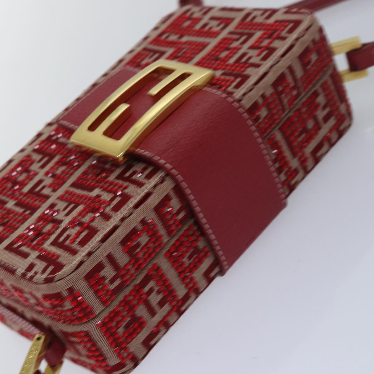 FENDI Mamma Baguette Shoulder Bag Beads Zucchino Canvas Red 82244