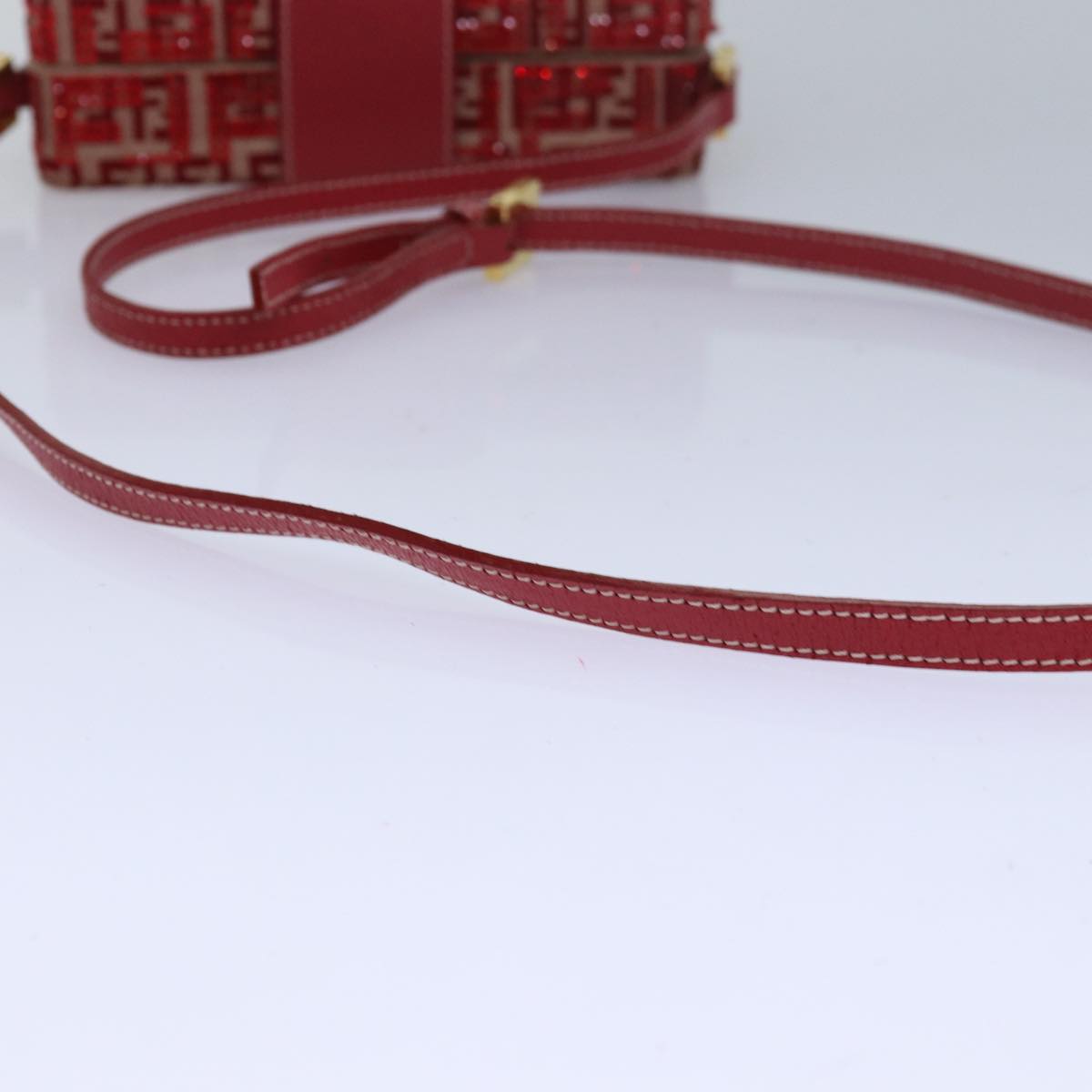 FENDI Mamma Baguette Shoulder Bag Beads Zucchino Canvas Red 82244