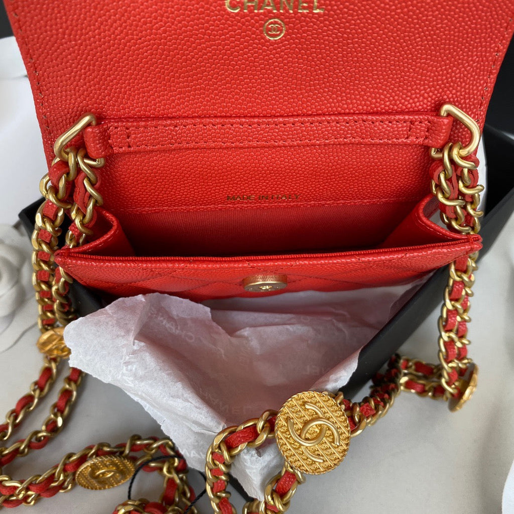 CHL Clutch With Chain Gold Hardware Grained Shinny Red For Women, Women’s Handbags, Shoulder Bags 4.7in/12cm AP2857