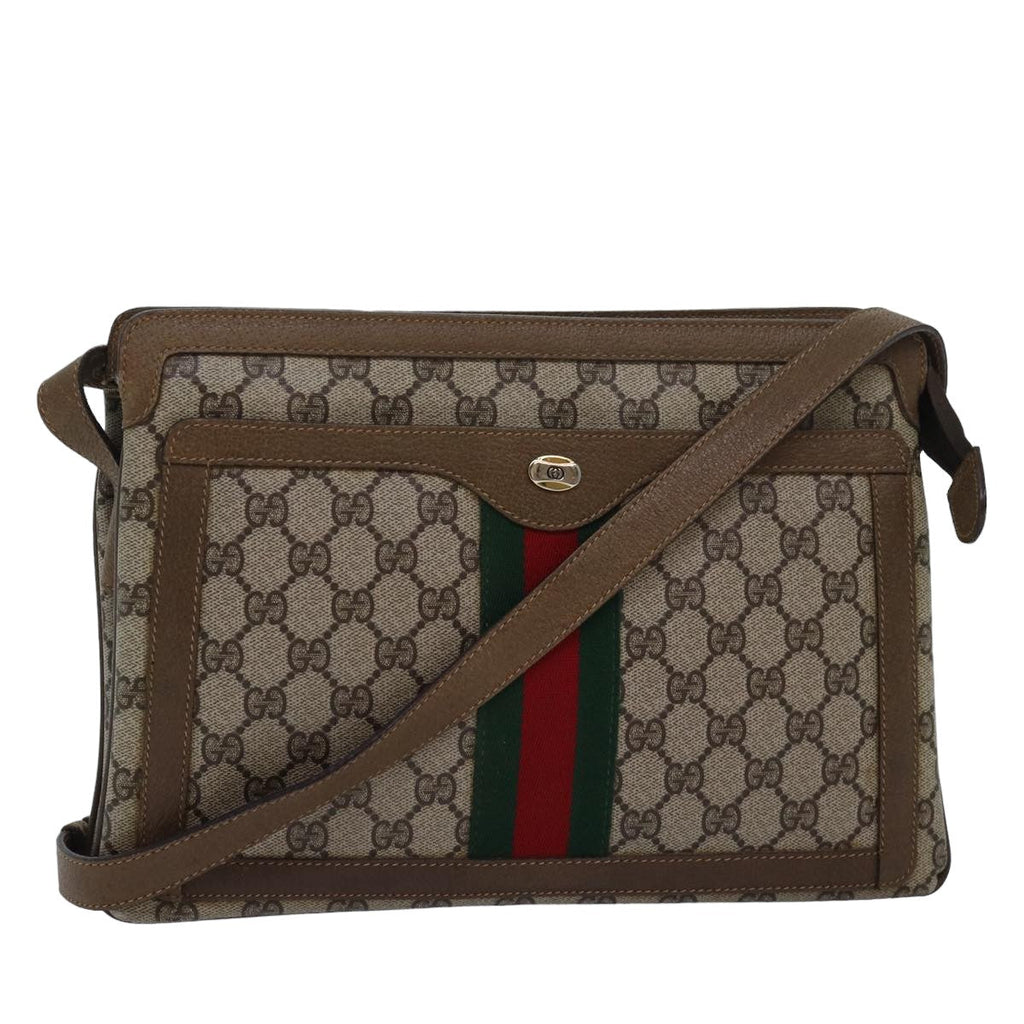 GUCCI GG Canvas Web Sherry Line Shoulder Bag PVC Leather Beige Green 83269