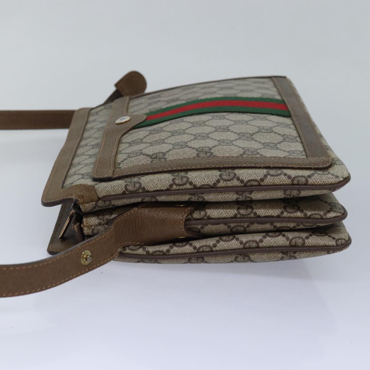 GUCCI GG Canvas Web Sherry Line Shoulder Bag PVC Leather Beige Green 83269