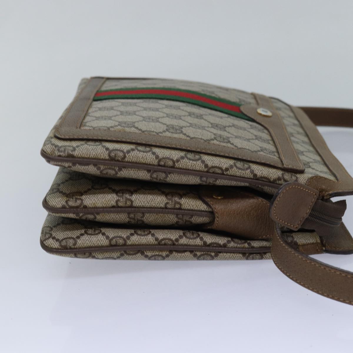 GUCCI GG Canvas Web Sherry Line Shoulder Bag PVC Leather Beige Green 83269