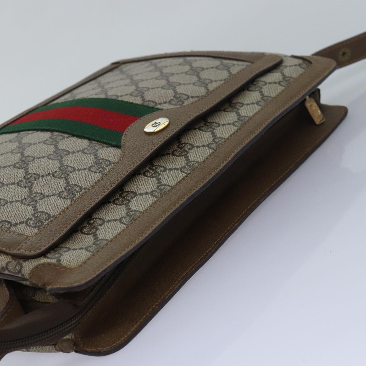 GUCCI GG Canvas Web Sherry Line Shoulder Bag PVC Leather Beige Green 83269